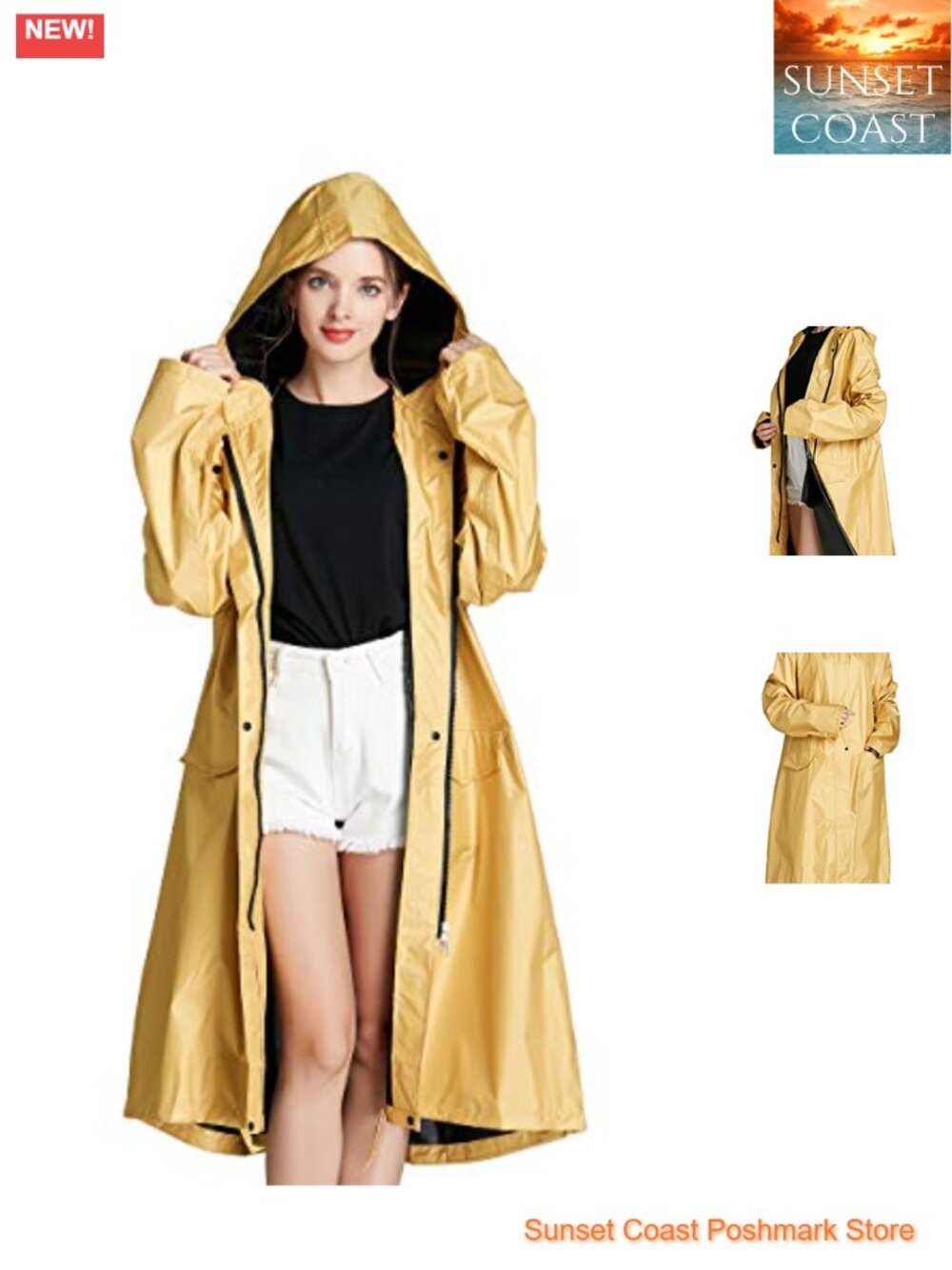 Women Waterproof Long Raincoat with Hood Zipper Pockets
